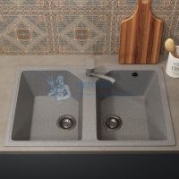 Кухонная мойка из искусственного камня Uperwood ECON UPD-402-003, прямоугольная, 2 чаши, серая матовая